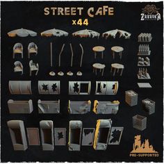 an assortment of different tables and chairs in various shapes, sizes and colors with the text street cafe x4