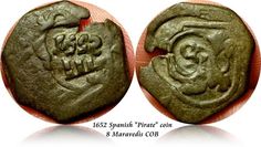 an ancient coin with two faces on the front and one face on the back, in green