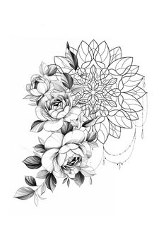 a black and white drawing of flowers with leaves on the bottom half of their petals