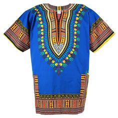 Unisex Traditional Dashiki Print Shirt. Perfect for just about any occasion 100% Cotton Made of a cotton blend Beautiful vibrant colours Short Sleeve Shirt. This is your traditional dashiki. It has a boat neckline, comfortable wide half-length sleeves an unconstructed bodice; Multi-colored traditional African patterns. Short-Sleeve Shirt, Tops or Blouse and can be worn as a dress Hand wash recommended if possible or machine wash in cold water. 100% Cotton Perfect for just about any occasion Wash Traditional Blue Cotton Kaftan, Short Sleeve Printed Cotton Kaftan, Bohemian Tops With Traditional Patterns For Summer, Blue Cotton Tunic Top, Blue Casual Short Sleeve Kaftan, Blue Short Sleeve Tunic For Festival, Cotton Short Sleeve Tunic For Festivals, Cotton Tunic Tops For Festivals, Blue Short Sleeve Tops For Festivals