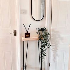 an entryway with a potted plant and mirror on the wall