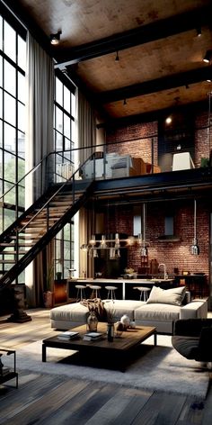 a living room filled with lots of furniture and large windows next to a stair case