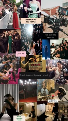 the collage shows many different pictures and people in formal wear, with one person holding a camera