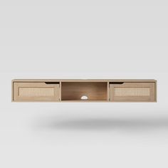 the sideboard is made out of wood and has two drawers, one with an open door