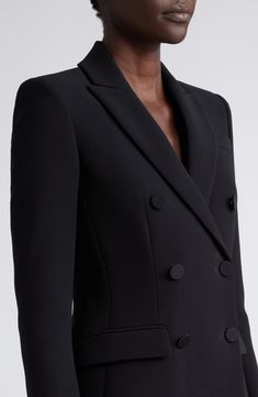 This perfectly tailored blazer made from wrinkle-resistant Italian twill is framed by signature structured shoulders. 27" length (size 40FR) Double-breasted button closure Peaked lapels Three-button cuffs Chest welt pocket; front flap pockets Lined 69% triacetate, 31% polyester Dry clean Made in Italy Designer Clothing Long Sleeve Outerwear, Black Tweed, Tailored Blazer, Long Sleeve Blazers, Double Breasted Blazer, Wool Blazer, Black Blazers, Wool Jacket, Blazers For Women