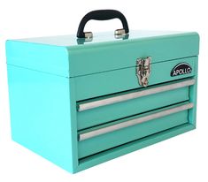 a blue tool box with two drawers and handles