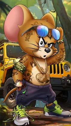 a cartoon bear wearing sunglasses and holding a pineapple in front of a yellow jeep