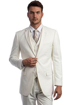 Men's Vested Two Button Solid Color Wedding & Business Suit in Ivory Fitted White Tuxedo With Buttons, White Fitted Tuxedo With Buttons, Beige Notch Lapel Blazer For Groom, Classic Beige Single-breasted Set, Beige Blazer For Groom, Tailored White Tuxedo With Hidden Buttons, Classic White Suit With Button Closure, White Tailored Tuxedo With Hidden Buttons, Classic White Suits With Button Closure