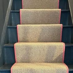 a carpeted stair case with pink trim on the bottom, and blue handrail