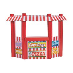 a red and white striped toy food stand