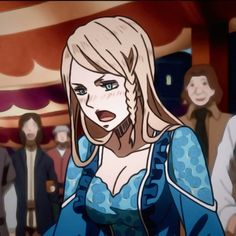 an animated image of a woman with blonde hair and blue dress standing in front of other people