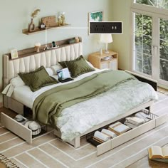 a bedroom with a bed, dresser and open bookcases on the floor in front of a large window