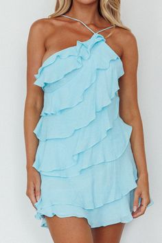 Shop the Arrabel Tiered Ruffle Mini Dress Sky Blue | Selfie Leslie Layered Homecoming Dresses, Loveshackfancy Short Dress, Short Unique Dresses, Loose Hoco Dress, Greek Hoco Dresses, Blue Beachy Dress, Light Blue Dress Mini, Hoco Dresses Ruffle, Ruffle Homecoming Dresses