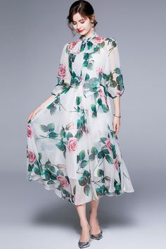 Runway Fashion Boho Chiffon Dress Bow-Neck, Lantern Sleeve, Floral Print Holiday, Cocktail, Party Women's Dress SIZE GUIDE (CM) Size Bust Waist Sleeve Shoulder Length S 86 / 45 / 123 M 90 / 46 / 124 L 94 / 47 / 125 XL 98 / 48 / 126 XXL 102 / 49 / 127 Feminine Georgette Maxi Dress For Summer, Summer Long Sleeve Chiffon Dress For Garden Party, Long Sleeve Chiffon Dress For Summer Garden Party, Spring Garden Party Georgette Maxi Dress, Floral Print Long Sleeve Chiffon Dress In Georgette, Feminine Spring Georgette Maxi Dress, Feminine Flowy Chiffon Georgette Dress, Flowy Feminine Chiffon Georgette Dress, Spring Flowy Chiffon Dress