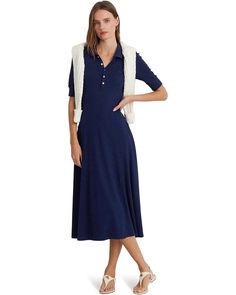 Women's LAUREN Ralph Lauren Cotton-Blend Polo Dress | Zappos.com Classic V-neck Shirt Dress With Button Closure, Elegant Cotton Dress With Button Cuffs, Elegant Cotton Shirt Dress With Button Closure, Elegant Polo Dress For Daywear, Classic Button-up Dress With Buttoned Pockets, Classic Dresses With Buttoned Pockets, Classic Cotton Dresses With Buttons, Classic Cotton Dress With Buttons, Elegant Cotton Midi Dress With Buttons