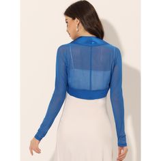 This sheer-sleeve shrug in a soft and lightweight fabric makes an easy, elegant top that can be worn cinched at the shoulder. Complete with fashion chiffon bolero shrugs running through the neck, highlighting the neckline. Perfect for slipping on over your occasions and events. This contemporary cover-up is designed for a clean, collarless silhouette so it is precisely cropped above the waist. Elegant Fitted Shrug With Open Front, Fitted Blue Shrug For Spring, Blue Shrug, Elegant Shrug With 3/4 Sleeves For Spring, Elegant Fitted V-neck Shrug, Mesh Bolero, Chiffon Bolero, Short Sleeve Bolero, Hem Style