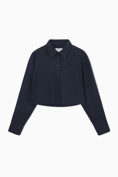 CROPPED POPLIN SHIRT - NAVY - COS Navy Blue Collared Shirt, Timeless Knitwear, Women Magazines, Genetically Modified, Cropped Shirt, Navy Shirt, Poplin Shirt, High Waisted Trousers, Blue Shirt