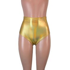 Our classic high waist hot pants with scrunch ruching detail in back to offer a "cheekier" look. These hot pants are made of stretchy gold opal holographic spandex and sit high on your natural waist. Wear as a bikini bathing suit bottom, panties, rave shorts, running shorts, etc. They have a built in liner and are made to be flattering to your figure. Stretch Shiny High Waist Pants, High Waist Stretch Shiny Pants, Gold Fitted Bottoms For Club Wear, Gold Fitted Bottoms For Club, Fitted Gold Bottoms For Club Wear, Shiny Stretch Bottoms For Summer, Gold Stretch Bottoms For Party, Gold Stretch Shiny Bottoms, Fitted Metallic Shiny Bottoms