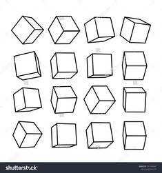 different shapes and sizes of cubes drawn in black ink on white paper stock photo