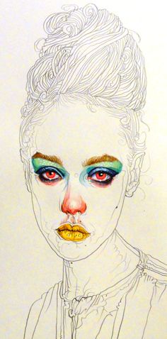 a drawing of a woman's face with blue and yellow eyeshadow on it