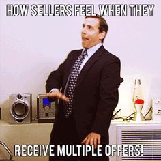 a man in a suit and tie standing next to an air conditioner with the caption how sellers feel when they receive multiple offers