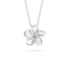 Chic and dainty, this pendant features a multidimensional flower design in 14K gold. A round brilliant-cut diamond set at the center offers the perfect touch of sparkle. - 14K gold - 0.16 ct diamond Available in yellow, white, and rose gold. Please allow 4-6 weeks for delivery if item is not in stock. Item no. P007957 Diamond Bar Necklace, Diamond Pendent, Elephant Pendant Necklace, Diamond Heart Pendant Necklace, Simple Diamonds, Open Hoop Earrings, Simple Flower, Elephant Pendant, Bezel Set Diamond