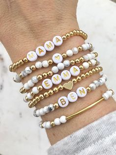 Howlite Custom Bracelets – Simply Stated Beaded Name Bracelet, Trending Bracelets, Rose Gold Beads, Stacking Bracelets, Inspirational Bracelets, Custom Bracelet, Bracelet Style, Bridesmaid Bracelet, Organza Ribbon