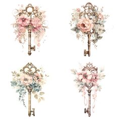 four antique keys decorated with flowers and leaves on white background, all in different styles