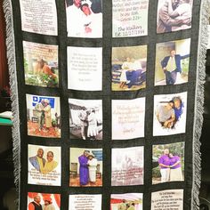 a black quilt with pictures of people and words on it, all written in different languages