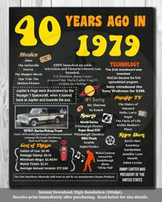 a poster with the history of cars and their names in yellow, black and white