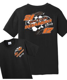 a black t - shirt with an orange and white design on the front that says,