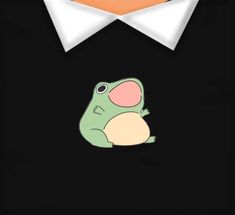 a green frog sitting on top of a black surface next to a white collared shirt