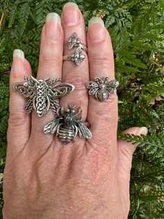 Adjustable sterling silver bee ring. The bee has a Celtic feel to it, a lovely design within the bee.  Very unique.  This is adjustable so sizes 7-9.   9.57 grams.   The ring you are getting is picture #2. Bug Rings, Bee Diamond Ring, Bee Rings Jewelry, Bee Wing Jewelry, Bug Ring, Bat Ring, Honey Bee Jewelry Sterling Silver, Bee Ring, Smoky Topaz