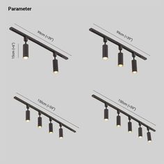 four different types of track lights on a gray background with the measurements for each light fixture