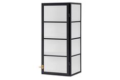 a tall black and white cabinet with glass doors