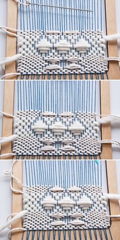 three pictures showing the process of weaving fabric