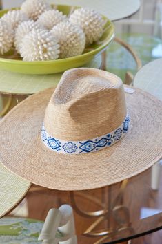 Sunshine Tienda Blue Cabana Hat – Sail to Sable Bohemian Vacation Hat Bands With Curved Brim, Bohemian Brimmed Vacation Hats, Bohemian Natural Color Hat For Vacation, Natural Color Bohemian Hat For Vacation, Bohemian Hat Bands With Curved Brim For Vacation, Natural Bohemian Hat For Vacation, Handmade Hat Bands For Vacation And Spring, Handmade Hat Bands For Spring Vacation, Bohemian Flat Brim Straw Hat For Vacation