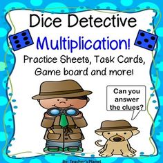 a blue and white poster with the words, dice selective multiplication practice sheets, task cards, game board and more