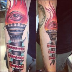 two different tattoos on the arms of men with words and an eye in flames above them