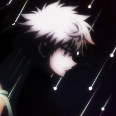 an anime character with white hair and black eyes looking to the side in front of stars