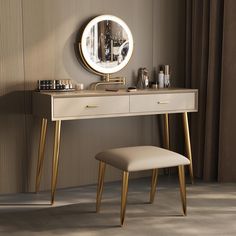 a dressing table with a mirror and stool next to it