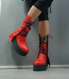 Genuine Women Boots, Leather Platform Shoes, All seasons, Gothic Women Boots, Leather Ankle Boots, Platform Grunge Boots, Extravagant Shoes, Avant Garde Shoes, Red Boots ❤️ Extravagant designs and high quality fabrics! ❤️ Materials & Care Genuine Leather Clean with a soft cloth and cold water ❤️ Shipping ✈ Ready to ship The time I need to prepare an order for shipping varies. For details, see individual items. Priority shipping is used for all our packages: STANDARD SHIPPING * Shipping to US Leather Lace-up Moto Boots With Chunky Platform, Trendy Platform Combat Boots With Pointed Toe, Fall High-top Platform Boots In Polyurethane, Fall High-top Platform Boots, Trendy Combat Boots With Platform And Pointed Toe, High-top Polyurethane Platform Boots For Fall, Fall Platform Lace-up Boots With Pointed Toe, Leather Moto Boots With Chunky Platform, Fall Lace-up Boots With Platform And Pointed Toe