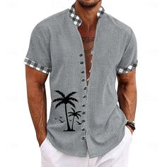 Coconut Tree Casual Tribal Men's Shirt Button Up Shirt Daily Hawaiian Summer Spring Band Collar grandad collar Short Sleeve Blue, Green, Khaki S, M, L Polyester Shirt 2024 - $22.99 Casual Beach Tops With Placket, Casual V-neck Camp Shirt For Summer, Summer Henley Neckline Tops With Buttons, Casual Short Sleeve Shirt With Placket For Vacation, Summer V-neck Shirt With Placket, Casual Vacation Tops With Placket, Summer V-neck Shirt With Button Closure, Casual Short Sleeve Shirt With Placket For Summer, Casual Summer Shirt With Placket