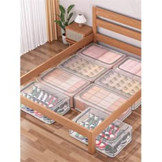 the drawers are filled with various items in them on the floor next to a bed