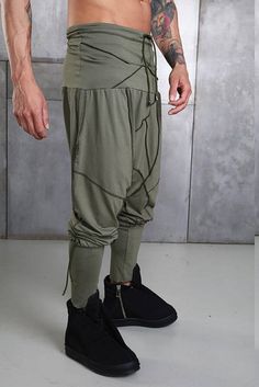 ORION PANTS GREEN | Etsy Fitted Ankle-length Harem Pants, Fitted Yoga Pants With Tapered Leg, Fitted Ankle-length Harem Pants For Yoga, Fitted Sweatpants With Tapered Leg For Yoga, Fitted Tapered Leg Sweatpants For Yoga, Fitted Parachute Pants For Athleisure, Stretch Drop Crotch Pants For Spring, Spring Stretch Drop Crotch Pants, Mens Onesie