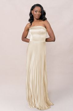 Model: April; Size: 4; Color: Pale Yellow Satin Pleated Dress, Elevated Wedding, Floral Satin Dress, Pleated Satin Dress, European Garden, Jewelry Outfit, Pink Summer, Pale Yellow, Bra Cups