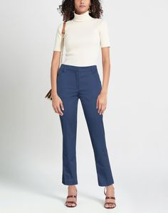 gabardine, basic solid color, no appliqués, mid rise, regular fit, tapered leg, hook-and-bar, zip, multipockets, stretch , Color: Dark blue , Size: 4 Office Mid-rise Dress Pants With Welt Pockets, Straight Fit Workwear Pants, Slim Fit Straight Leg Chinos For Work, Fitted Mid-rise Chinos With Belt Loops, Mid-rise Fitted Work Pants, Office Mid-rise Pants With Welt Pockets, Classic Mid-rise Work Pants With Welt Pockets, Tailored Mid-rise Dress Pants With Welt Pockets, Fitted Cropped Leg Formal Pants