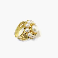 Double Layer Pearl 14K Gold Ring 925 Sterling Exceptionally Beautiful Design Pearl Ring, Feminine Ring, Valentine Gift Boxed, Mom's Gift Ring. IT WEIGHTS APPROXIMATELY 10 GR. 4-5 mm Pearls surround Center : 10 mm Round pearl for a feminine artistic look.. Made in an artisan workshop by an artist with 20+ Years experience. This a very Victorian, Artistic Ring that has sold out many times in England, Italy, Germany and the US. The Filigree band is tapered for comfortable wear. This will come in a Elegant White Gold Rings With Cabochon, Elegant White Gold Cabochon Rings, Luxury Open Pearl Ring For Anniversary, Classic Gold Cabochon Diamond Ring, Elegant Cabochon Rings For Anniversary, Classic Gold Diamond Ring With Cabochon, Classic White Dome Ring For Wedding, White 14k Gold Filigree Jewelry, Elegant Rings With 17 Jewels