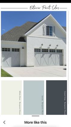 the exterior paint colors are gray, white and grey in this house with two garage doors