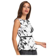 Color: White Black Floral Material: 95%Cotton 5%Spandex Features: Peplum Tops With High Quality Which Is So Soft,Comfy And Lightweight,Boatneck/Round Neck Tops,Sleeveless Shirts,Peplum Hem,And This Cute Fitted Shirts With Concealed Zipper In The Left Side, A-Line Draped Hemline And Flared,And High Waist Blouse Shirts Design That Elongate Your Leg Line And Show Your Body Curve,Which Makes You Slimmer. Sizes: S, M, L, Xl, Xxl, And Xxxl Item # Mi1600 Sleeveless Stretch Blouse With Floral Print, White Floral Print Tank Top For Party, Elegant Floral Print Sleeveless Blouse, Elegant Sleeveless Blouse With Floral Print, Feminine Fitted Sleeveless Blouse, White Fitted Sleeveless Blouse, Feminine Black Sleeveless Top, Chic Floral Print Sleeveless Blouse, Chic Sleeveless Blouse With Floral Print